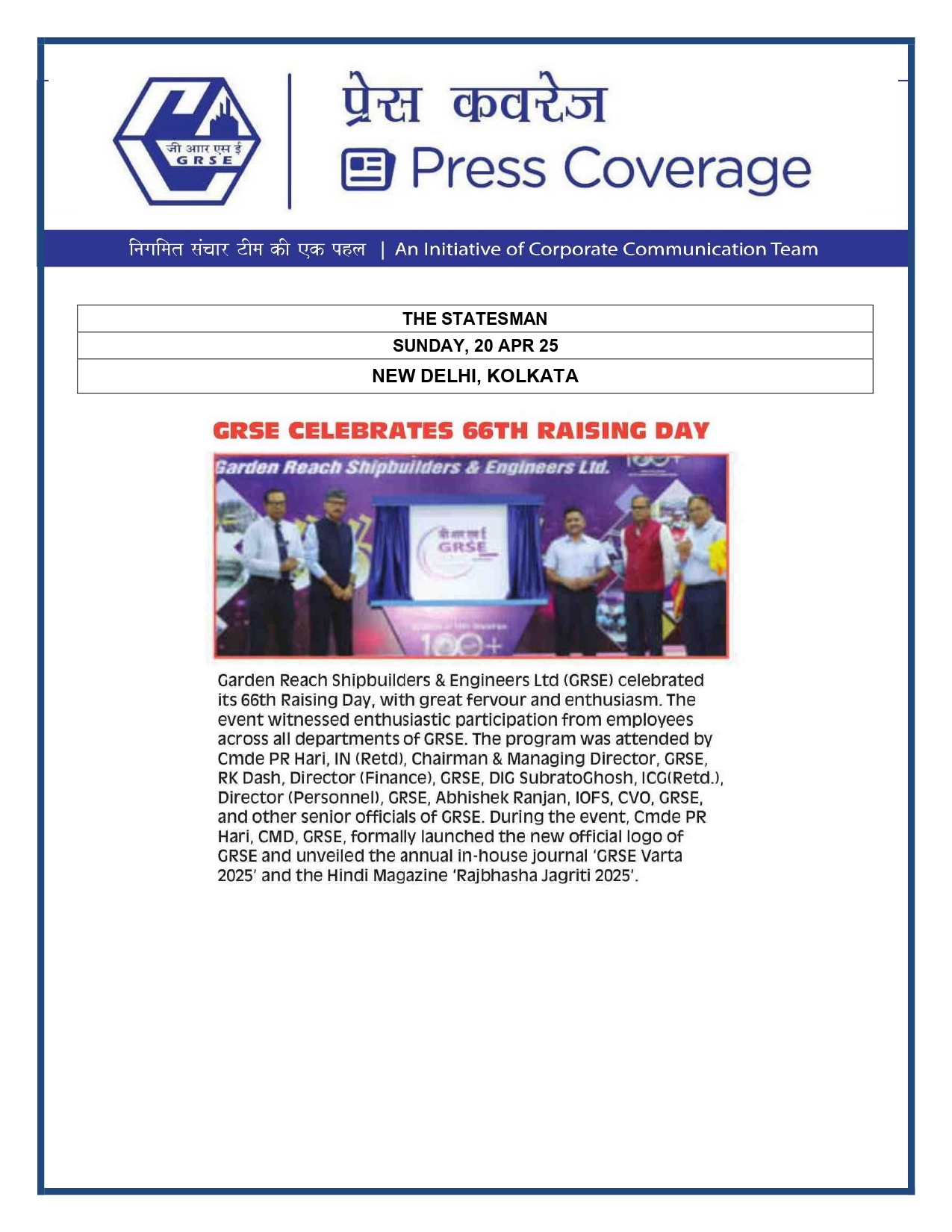 Press Coverage : GRSE CELEBRATES 66Th RAISING DAY 